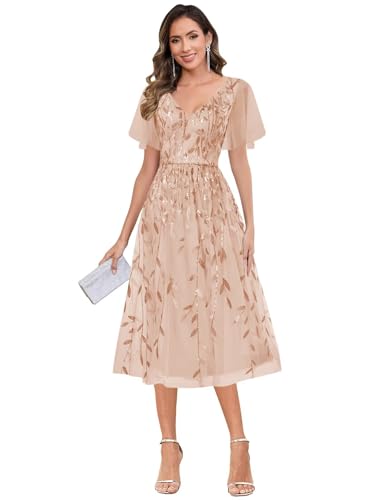 Tea Length Mother of Bride Dresses with Sleeve Glitter Sequin Formal Dress for Wedding Guest Dress