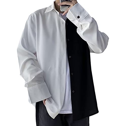 Men's Fashion Black and White Stitching Shirt Classic Contrast Shirt Casual Long Sleeve Button-Down Shirts