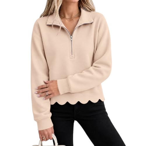 Womens Quarter Zip Sweatshirt Scalloped Collared Casual Sweatshirts No Hood - image 1