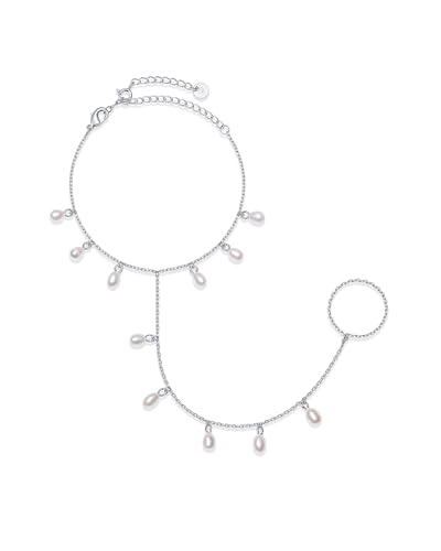 Image of PAVOI 14K Gold Plated Hand Chains for Women - Adjustable Hand Chain Bracelet and Ring - Trendy Gold Handchain Bracelet Stack Summer Jewelry - Beads, Pearl, and Cubic Zirconia Body Jewelry