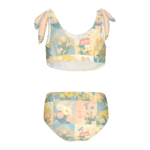 KLL Retro Checker Board Groovy Flower Oil Painting Girl 2 Piece Bikini Sets Beach Swimsuits Swimming Suits Cute2