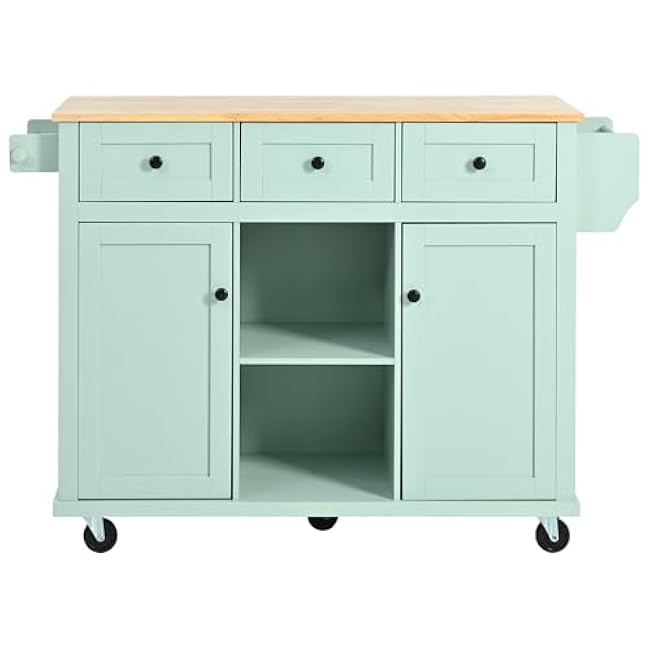 Kitchen Cart with Drop-Leaf, Internal Storage Racks, on 5 Wheels, Mint Green-edJVyrqs