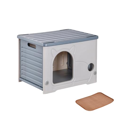 ULOVEJOY猫 ハウス【四季通用】【防水 & 日除け兼備】小型半密閉式プラスチック製猫ハウス - 屋内・屋外兼用!野良猫や子犬に最適な居場所!| 雨よけ・防寒対策付き | 通気性良好で組み立て簡単、洗えるおしゃれなペット用品 | 外猫ハウス/野外猫ハウ