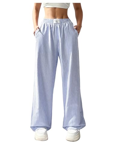 Floerns Women's Striped Elastic Waist Pants Straight Leg Casual Trousers with Pocket