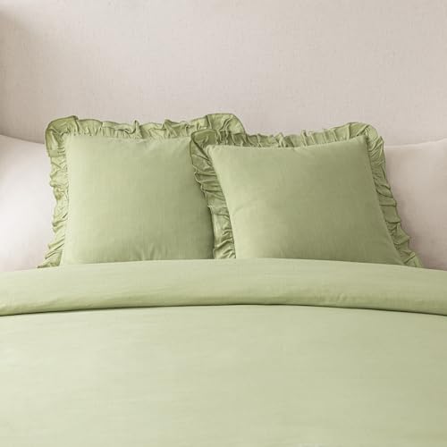 Image of Foindtower Set of 2 Decorative Linen Fringe Ruffle Throw Pillow Covers Soft Boho Farmhouse Cushion Cover Cozy Accent Retro Pillowcase for Couch Sofa Bed Living Room Home Decor,22x22 Inch,Light Green