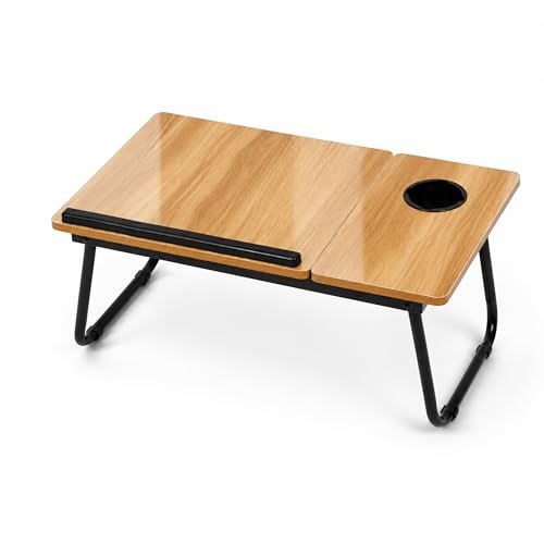 Image of Ant Esports Bravo LT200 Adjustable Foldable Laptop Table for Bed with Side Tray, Cup Holder & Stopper, Portable Work from Home Desk, Wooden Study Desk for Reading & Gaming, 56 x 32.5 x 23 cm, Walnut