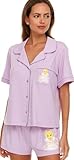 COCO BRANDS Looney Tunes Womens Pajama Sets - 2 Piece Short Sleeve Button Down Womens Sleep Shirts and Pajama Shorts (XS-XL), Size Large, Lavender/Tweety Coffee Time With Pocket
