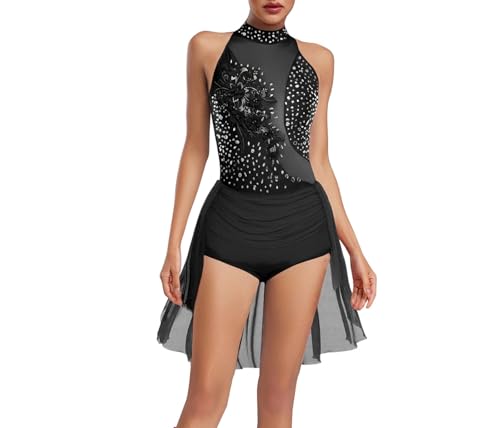 Women's Rhinestone Embroidery Applique Slim Fit Round Neck Sleeveless Pull On Irregular Skirted Leotard Dress