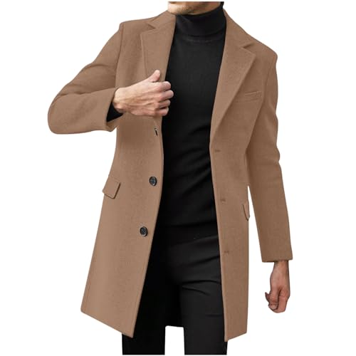 FOCLMP Pea Coats Men Wool Notched Lapel Single Breasted Long Trench Coat Business Work Fashion Classic Loose Peacoat Jacket mens wool coats and jackets Khaki M