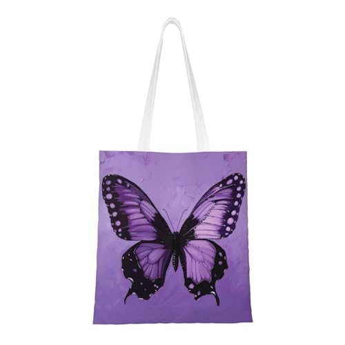 Butterfly Purple Print Reusable Canvas Tote, Shopping Bag With Handles For Daily And Grocery Use