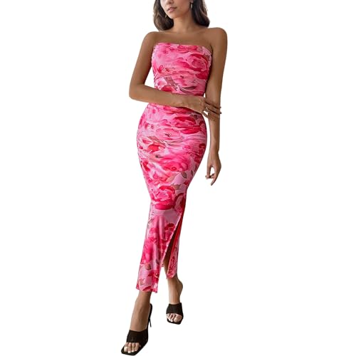 Image of Women's Tube Top Maxi Dresses Printed Tie Dye Strapless Bodycon Long Dress Split Side Sleeveless Party Elegant Outfits