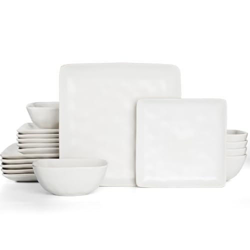 Famiware Dinnerware Sets for 6, Ocean Square 18-Piece Kitchen Plates and Bowls Sets, Microwave and Dishwasher Safe, Scratch Resistant, Matte White