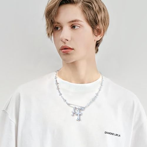 Silver Cross Necklaces for Women Y2K Safety Pin Gothic Cross Cubic Zirconia Pendant Necklace, Aesthetic Necklace Punk Goth Jewelry for Women Men4