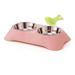 Fuwok Double Dog Bowl,Non Slip Non-spill Stainless Steel Double Bowl with 1 Pet Food Spoop For Small Dogs and Cats (S, Pink)