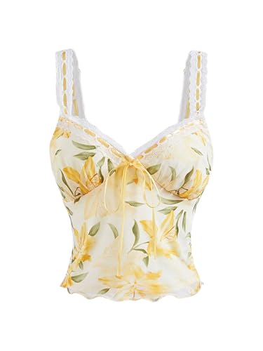 Milumia Women's Floral Print Sweetheart Neck Tank Top Tie Front Mesh Crop Summer Camisoles