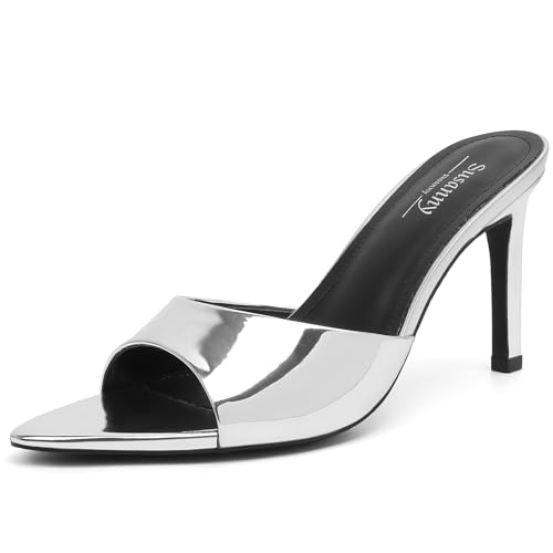 Susanny Mule Silver Heels for Women Pointed Open Toe Sexy Slip on High Heeled Sandals Stiletto Dress Comfortable Backless Mules Shoes Wedding Bridal Parties Vacation Casual Office Work Shoes 8.5