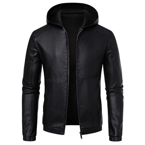 JEShifangjiusu Men Hooded Faux Leather Jacket Motorcycle Bomber Jackets Outerwear Waterproof Windproof PU Moto Vintage Coat3