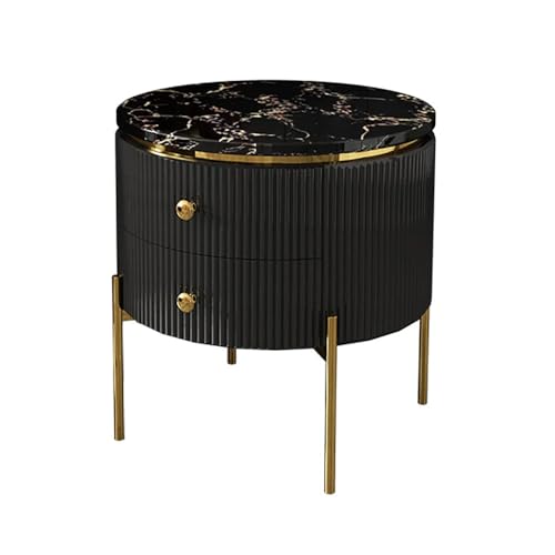 Image of Spain Bedside Table with 2 Drawers, 18x18x18 Inch, Round Sintered Marble Top, Gold Metal Legs & Handle, Waterproof Plywood Body, Modern Side Table for Sofa /Bedroom (Black)