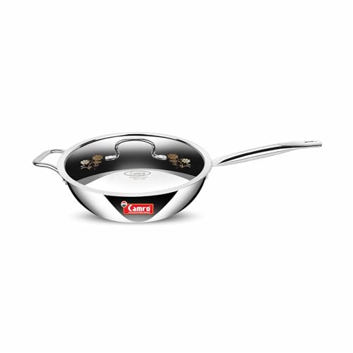 Image of Camro Triply Artisian Wok Pan with Lid 28 Cm, 5 Liters | Heavy-Duty Kadai for Noodles, Fried Rice Perfect Grip Traditional Chinese Cooking | Dishwasher Safe | 6 Years Warranty