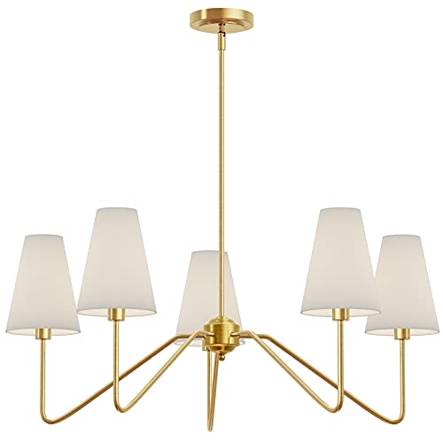 Electro-bp30-Dia-5-Arm-Classic-Chandeliers-Polished-Gold-with-White-Linen-ShadesCeiling-Light-Fixture-for-Dining-RoomLiving-RoomEntrywayE12200W