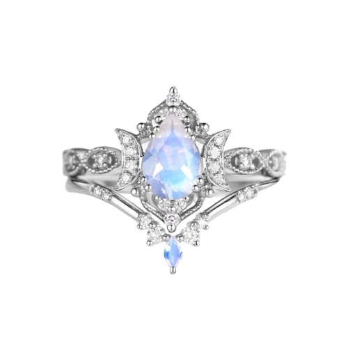 1CT Moonstone Wedding Ring Set for Women 925 Sterling Silver 10K 14K 18K Gold Moonstone and Moissanite Engagement Ring Set Anniversary Promise Rings