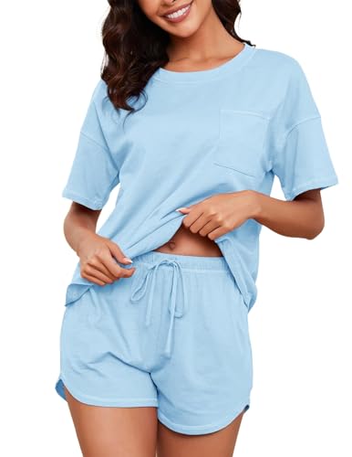 Image of KCW Pajamas for Women Set 2 Piece 100% Cotton Lounge Sets Short Sleeve Top and Shorts Pj Set Sleepwear Outfits