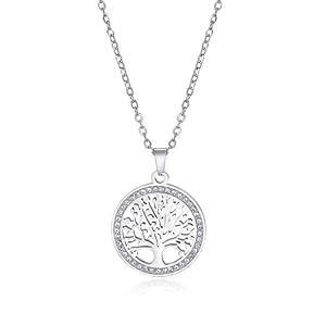 Dreamtimes Tree of Life Necklace for Women Stainless Steel Gold Color Clear Zircon Round Pendant Neck Chains Family Tree Fashion Charm Luxury Jewelry Wedding Gift