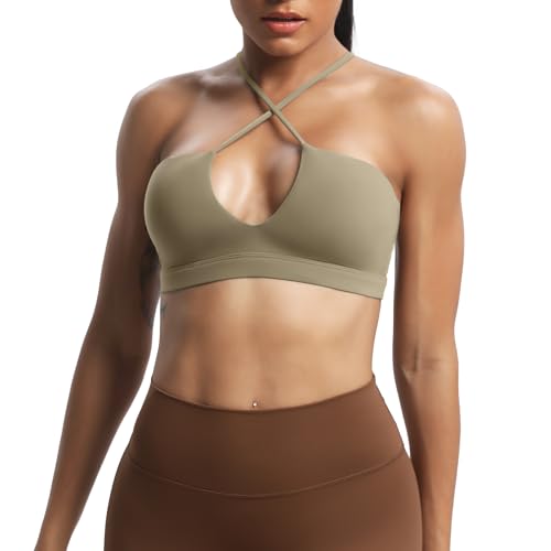 Aoxjox Women's Workout Sports Bras Jamie Deep V Fitness Training Gym Bra Yoga Crop Tank (Taupe,...