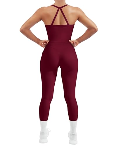 SUUKSESS Women 2 Piece Workout Sets Compression Tummy Control Leggings with Pockets Halter Built in Bra Tank Tops Sports Bra Scrunch Butt Lifting Yoga Pants (Magenta, S)