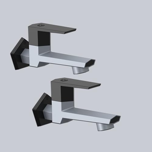 Image of RN PTMT Long Body Bib Cock for Bathroom | 15mm Long Body Foam Flow Water Tap with Flange | Luxury G20 Collection Faucet | High-Grade Engineering Polymer Tap (Metallic Grey Black Dual, Pack of 2)