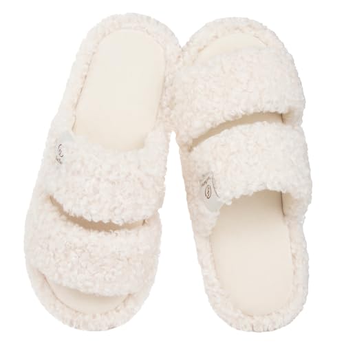 EverFoams Women's Fuzzy Open Toe Slippers Comfy Soft Memory Foam Indoor House Shoes Vanilla Ice,7-8 US