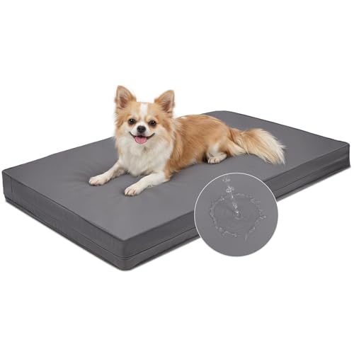 Image of Waterproof Small Dog Bed Washable Orthopedic Wipeable Leather Crate Pad 24 inch | Outdoor Puppy Bed Foam, Reversible Removable Cover Durable, Cat Beds, Anti-Slip Bottom, Kennel Pads 23 inchx17 inch Gray