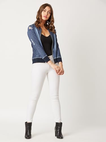 Image of Miss Chase Women's Polo Neck Full Sleeves Patch Pocket Denim Overcoat Knee-Length Jacket