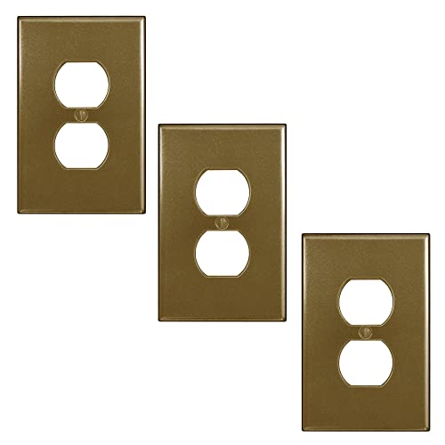 Questech Décor Single Duplex Electrical Outlet Cover Wall Plate, 1-Gang Single Switch Plate Standard Size Receptacle Cover, Decorative Subway Tile Design, Gold Finish, 3 Pack #TOP17