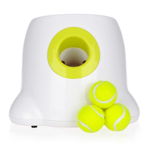 AOUCN犬 ボールランチャー、自動ボールランチャー、ペット用おもちゃ、発射距離3段階調節可能、小型・中型犬用知育玩具(ホワイト)ミニテニスボール3個付き (ホワイト)