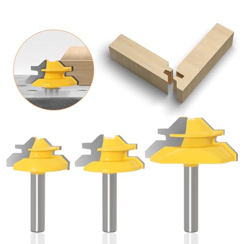 Dfuqanb 3 Stück 45° Lock Miter Router Bit Holzbearbeitung Schneidwerkzeug, 8mm Schaft Verleimfräser Oberfräser, 45 Grad Verleimfräser Gehrung Fräse Set 8mm Schaft, für Graviermaschine Trimmmaschine