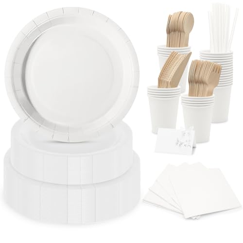 Juego de vajilla desechable (para 25 personas), pura y versátil, vajilla compostable, juego para fiestas, ideal para celebraciones de cumpleaños, reuniones y picnics.