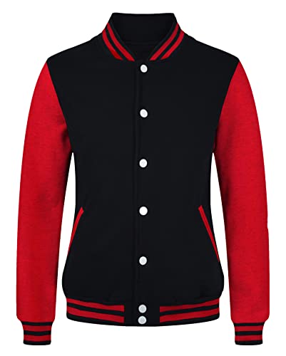 Yuji Itadori Women's Baseball Jacket Girl Varsity Jacket Black Long Sleeve Coat Button Down Shirt Winter Outwear(Black Red-XL)