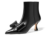 Coutgo Womens Low Kitten Heel Ankle Boots Rhinestone Bow Pointed Toe Side Zipper Dress Fall Booties Shoes, Black, Size 8