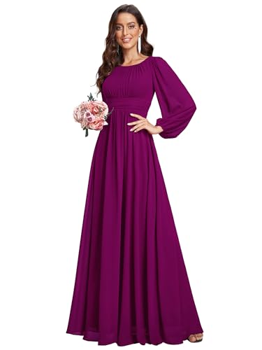Ever-Pretty Plus Vestido Casual Largo para Mujer Corte Imperio Escote Redondo Talla Grande A-línea Manga Larga Elegantes Púrpura Rojizo 48