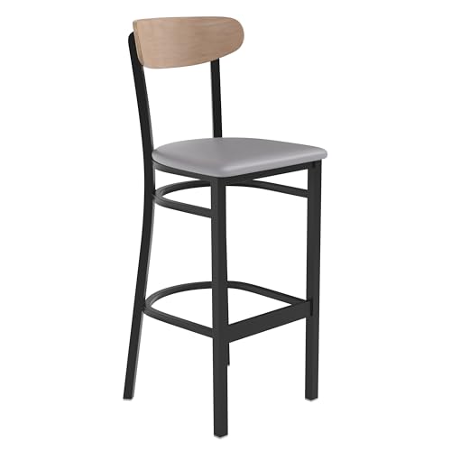 Image of Flash Furniture Wright Commercial Barstool - Natural Birch Finish Wood Boomerang Back - Gray Vinyl Seat - 500 LB. Capacity Black Steel Frame - Integrated Footrest