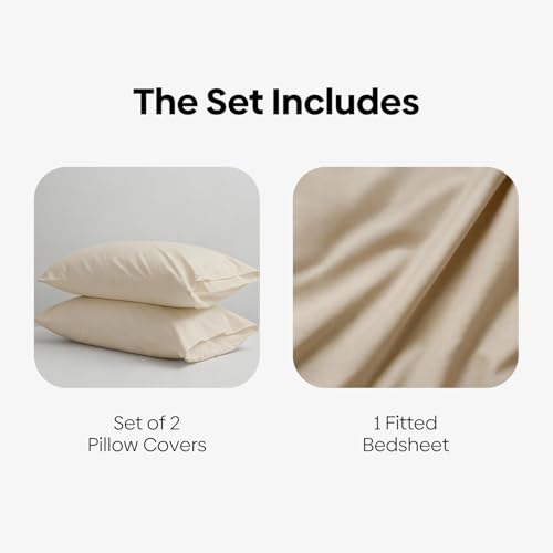 Image of Haus and Kinder Double Bedsheet, 300 TC 100% Organic Cotton Percale Weave, Fitted Bedsheet for Double Size Bed with 2 Pillow Covers - Marrow Stitch Detaling (Coastal Calm, 60 inchx78 inchx10 Size)