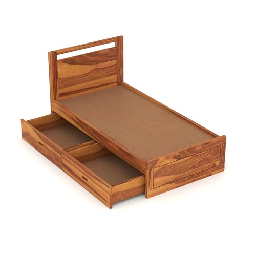 Image of Solid Sheesham Wood Bed 6X3 Single Bed with Drawer Storage for Bedroom - Single Cot Wooden BedSingle Size for Living Room Guest Room - 12 Months Warranty (Henry Honey, 6X3 Drawer)