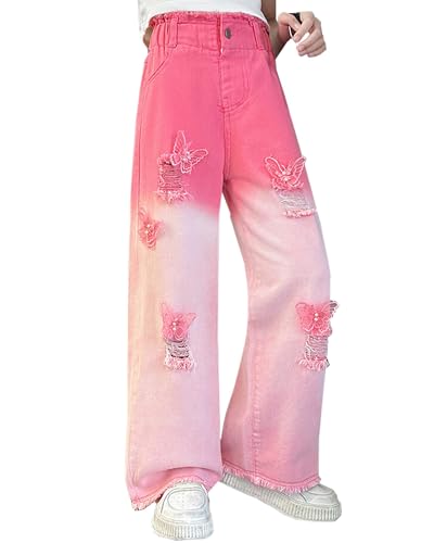 SANGTREE Girls Wide Leg Jeans Elastic Waist Denim Pants Baggy Jeans for Girls, 6-14 Years