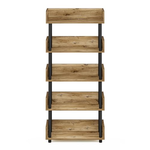 Image of Furinno TURN-N-TUBE 5-Tier Display Shelf, Storage Shelves, Book Shelf, Open Shelves with Rounded Corner Top Edges, for Organization and Storage, Living Room, Home Office, Flagstaff Oak