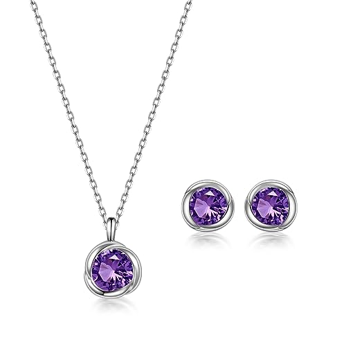immobird Schmuck Set Damen Februar Natürliche Amethyst Geburtssteine Silber 925 Kette Und Ohrringe Set Rose Design Geschenke für Mama Frauen Februar - Amethyst