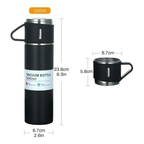 Image of Steel Vacuum Flask Set 500ml with 3 Stainless Steel Cups - Hot & Cold Insulated Thermos Bottle Combo (Multicolour)