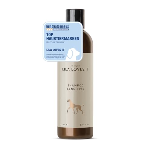 LILA LOVES IT Shampoo Sensitive für Hunde – Hundeshampoo mit Aloe Vera, Mandelöl, Ringelblume und Kamille, spendet Feuchtigkeit, wirkt beruhigend und rückfettend, 250 ml