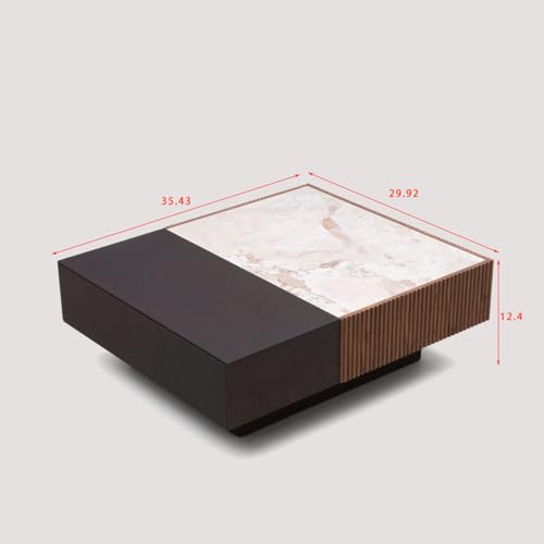 Image of WOODEN SPACE Nova Luxe Square Center Table with HDHMR Marble Top & Fluted Wooden Base | Modern Coffee Table for Living Room | Premium Wooden Centre Table