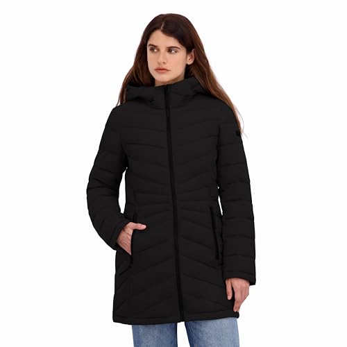 HFX Women's Mid-Weight Puffer Jacket – Water-Resistant, Insulated Coat with Stretch Fabric, Recycled Fill, Contoured Fit, Black, Large